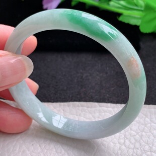 6.4平安镯 天然缅甸翡翠玉手镯秀气三彩宽边玉镯子 pp小圈口53