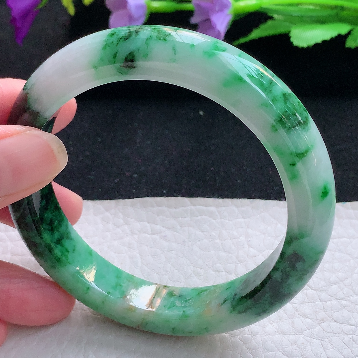 ss大圈口60*12.8*9.5平安镯 天然缅甸翡翠飘绿厚装珠宝玉手镯