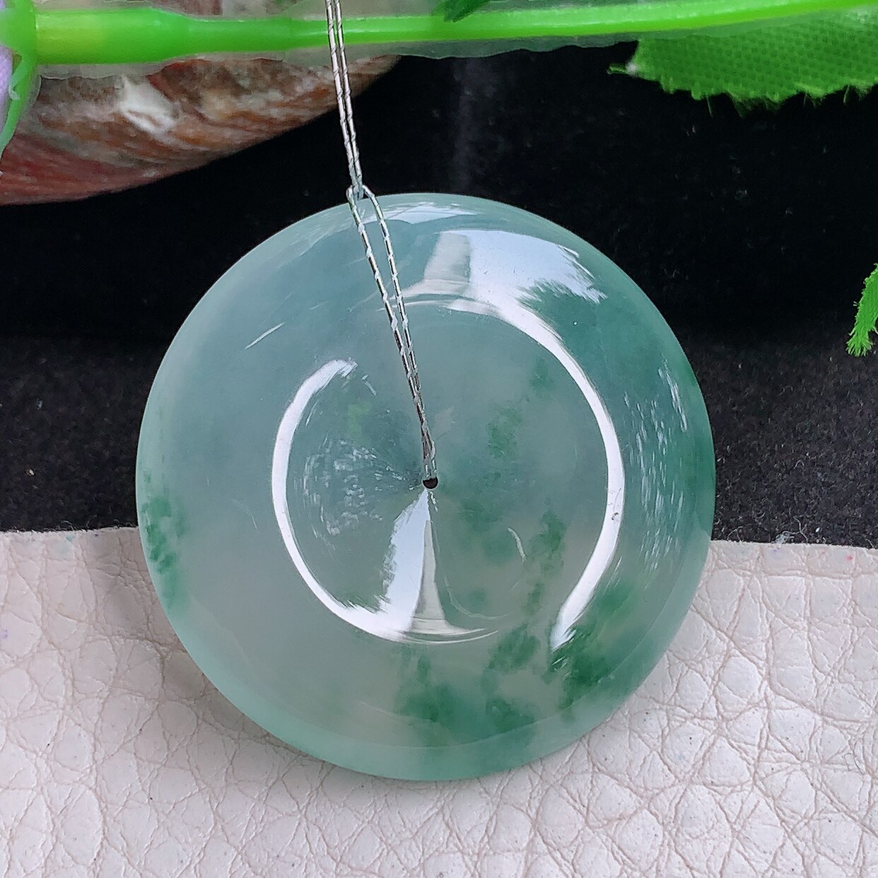 qxm实拍35.8*6.5天然缅甸翡翠a货冰飘花饱满大平安扣 玉扣玉吊坠
