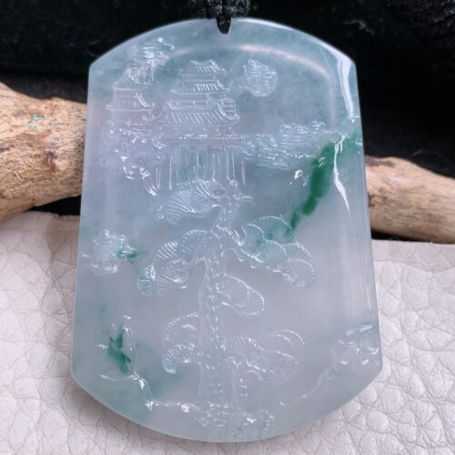 csy实拍48.6*36*5.2缅甸翡翠a货精雕冰飘蓝花山水牌吊坠 悠然自得
