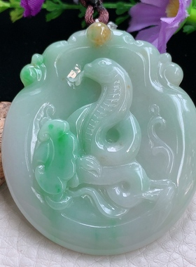 bg实拍54.2*47.2*6缅甸翡翠精雕三彩腰缠万贯 生肖蛇玉吊坠玉挂件