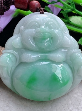 zen实拍49*48*12.5缅甸翡翠精美飘绿大佛公 弥勒佛玉项坠 毛衣坠
