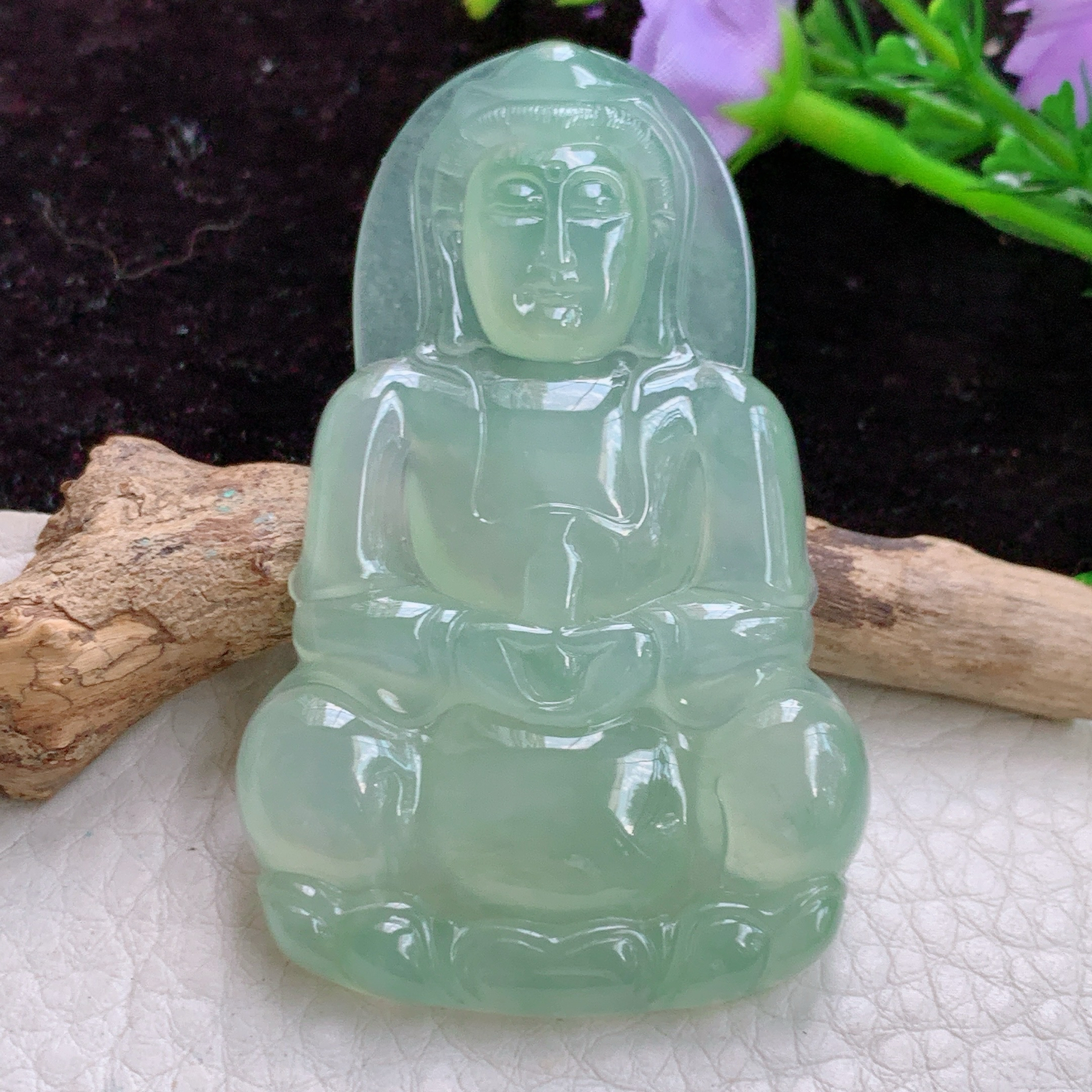 lz实拍60.5*38.6*6.3天然翡翠冰种晴水观音 持瓶正庄玉观音玉吊坠