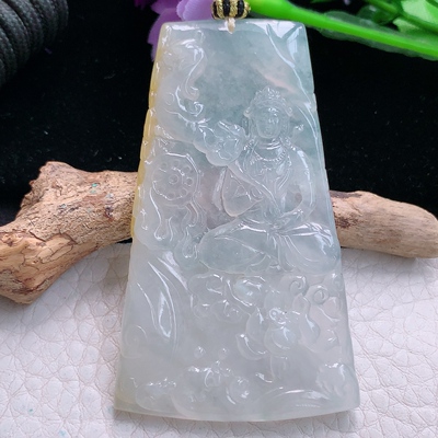 yl实拍64.2*38*5.4缅甸翡翠精雕冰双彩持莲花玉观音 赐福观音挂件