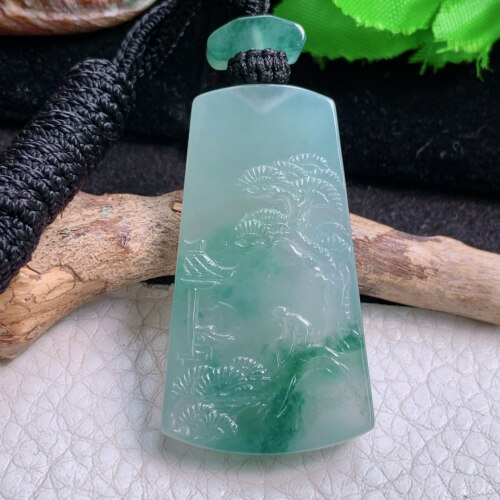 yl实拍45.3*25.8*6缅甸翡翠精雕冰飘花怀古雕山水 富甲天下玉吊坠