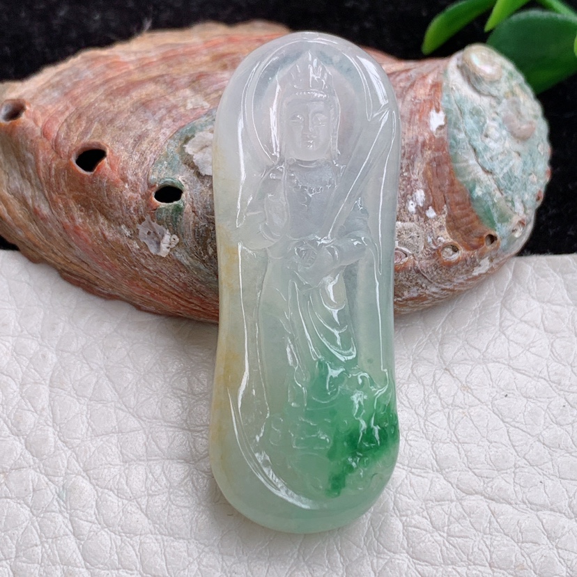 t实拍缅甸翡翠A货精雕三彩文殊菩萨玉观音玉吊坠 玉挂件45*16.8*6