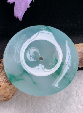 sx实拍34*5.8缅甸天然翡翠冰飘花饱满大平安扣 玉扣玉项坠 玉挂件