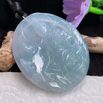 bg实拍47.6*39.4*4.5翡翠精雕冰紫底自在观音普度众生大势至吊坠