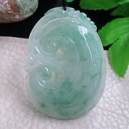 zen实拍49.6*36.5*6缅甸翡翠a货精雕饱满飘花大如意玉挂件 毛衣坠