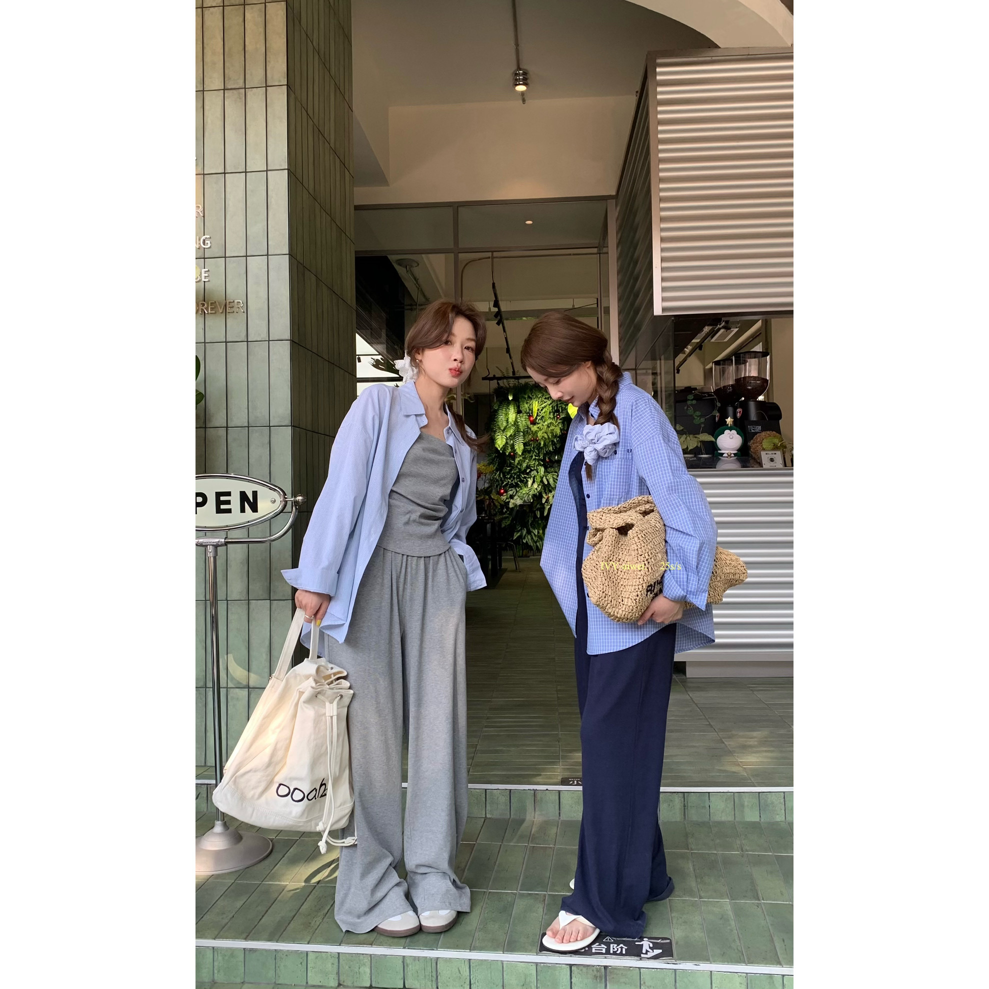 韩系慵懒排扣衬衫+修身显瘦抹胸背心+垂感松紧腰阔腿裤三件套套装