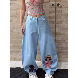 baby蓝卡通印花阔腿牛仔裤子女y2k亚比辣妹宽松显瘦直筒长裤子潮