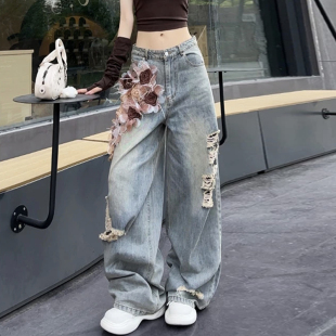 拖地长裤 刺绣玫瑰破洞牛仔裤 高腰宽松直筒阔脚裤 2025年新款 女夏季