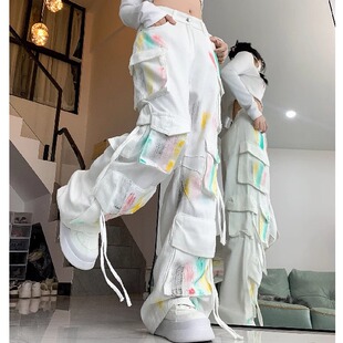裤 辣妹炸街重工直筒工装 女春秋新款 彩绘涂鸦多口袋高街阔腿牛仔裤