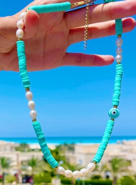 KST多巴胺湖蓝色软陶天然珍珠项链 波西米亚小众个性女生服饰颈链