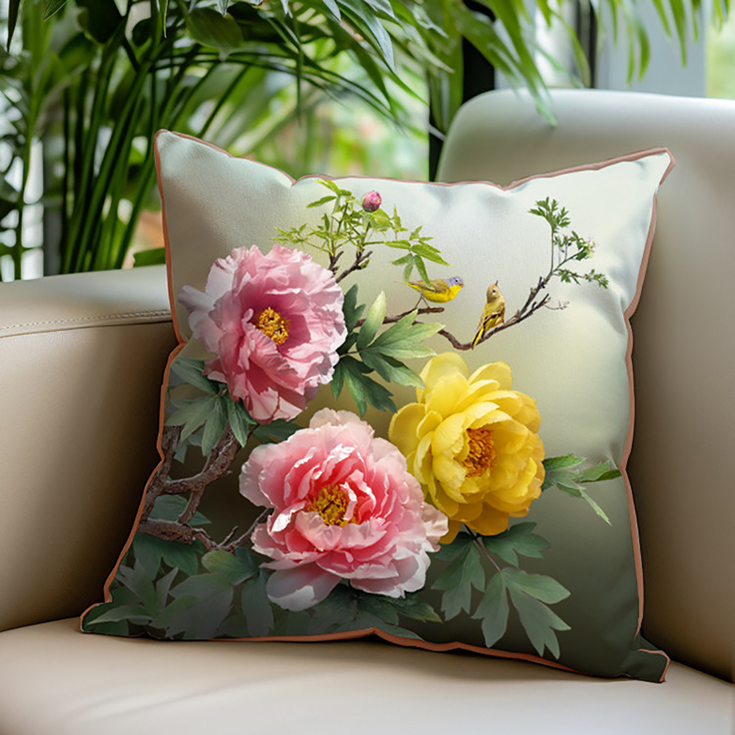 现代轻奢布艺沙发花鸟方靠垫丝绒抱枕床头靠背飘窗拆洗垫腰腿包邮