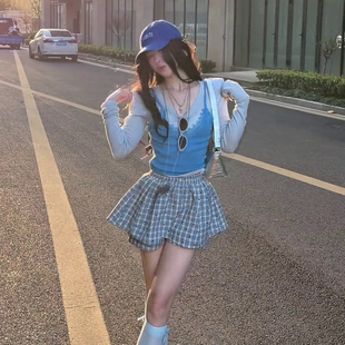 【少女茶话会】春夏季湖蓝色假两件圆领长袖针织拼接蕾丝吊带上衣