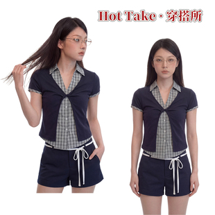 穿搭所 韩系格纹设计感假两件叠穿感复古学院风T恤上衣 Take Hot