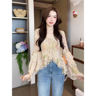 绿野仙踪 印花喇叭飘带袖 宽松显瘦上衣 春夏法式 仙女薄开衫