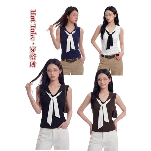 海军领撞色系带修身撞色无袖背心