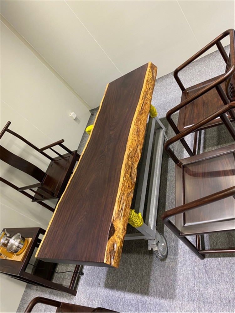 尺寸:  208*70*10黑檀大板风车木皮灰木实木茶桌办公会议餐桌面