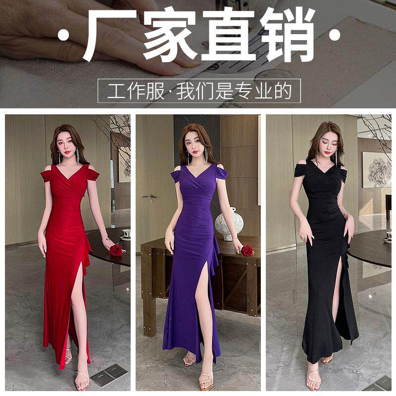 足疗夜总店长款SPA洗浴工作服KTV桑拿技师性感低胸气质礼服连衣裙