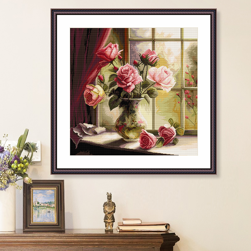 满绣十字绣2024新款客厅卧室花卉欧式简约晚霞玫瑰手工小件自己绣