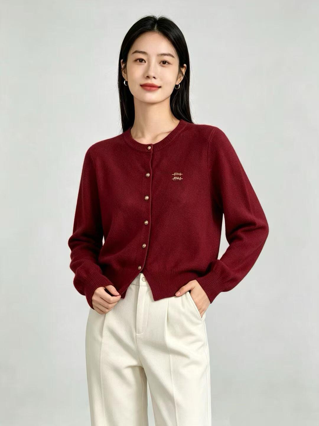 小个子红色长款毛线单排扣针织打底衫女2026秋冬新款外穿短款上衣