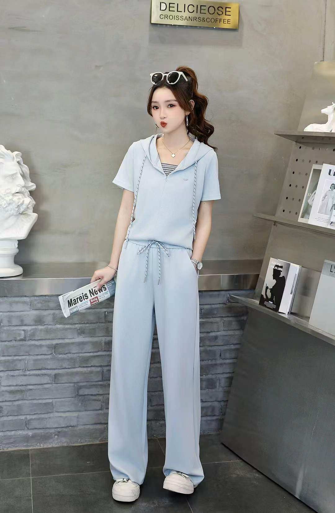 时尚休闲运动服套装女2026夏季新款宽松显瘦短袖T恤阔腿裤两件套