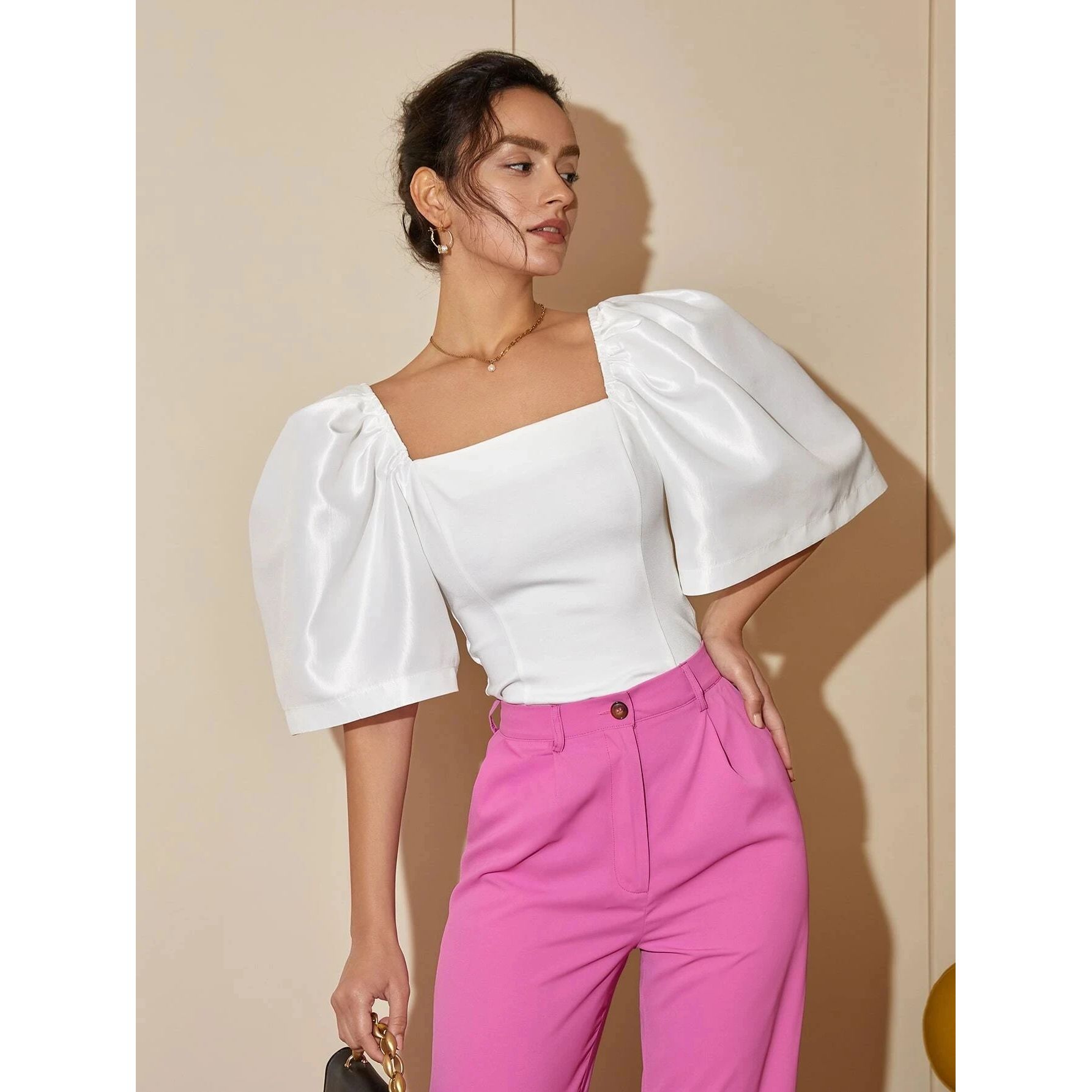AEL Ladies Blouses Square Neck Puff Sleeve Woman Blouse Wome