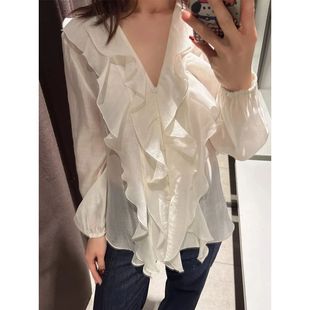 2025 Spring Women's Ruffles Elegant Shirts & Blouses Long Sl