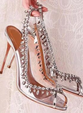 Silver Pink PVC Clear Heeled Sandals Women Pumps Sexy Rhines