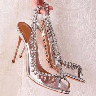 Silver Pink PVC Clear Heeled Sandals Women Pumps Sexy Rhines