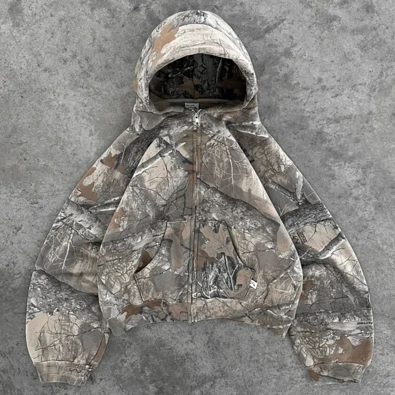 Y2K Retro Zip Up Hoodies Men Camouflage Pattern Zipper Sweat