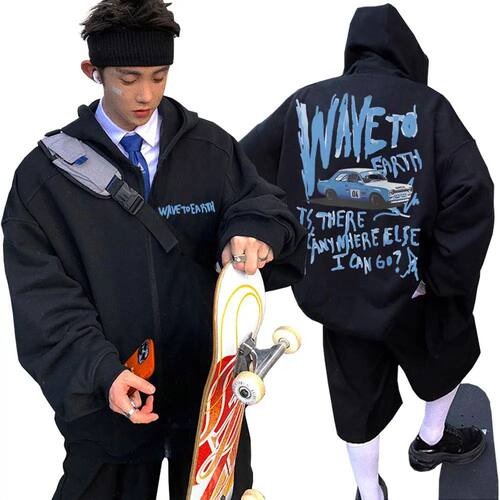 Korean Band Wave To Earth Print Zipper Hoodie Men's Casual O