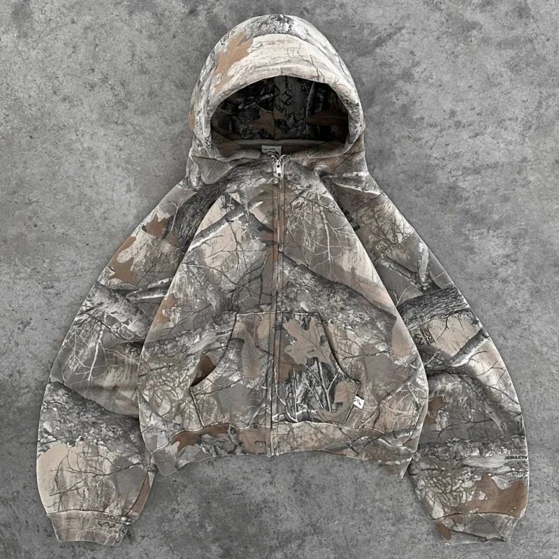 Y2K Retro zip up Hoodie Men Camouflage Pattern zipper Sweats