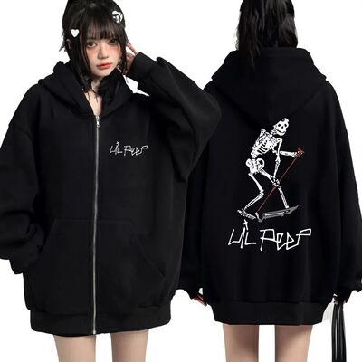 Rapper Lil Peep Same Style Skeleton Print Zip Up Hoodie Men