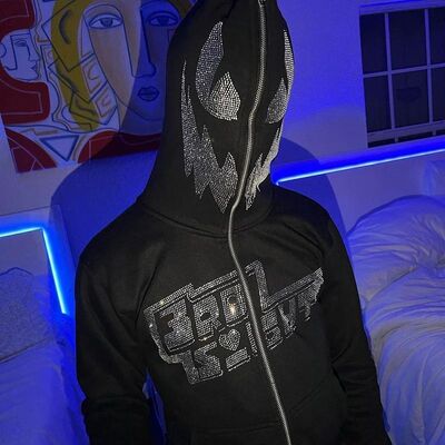 Y2K clothing Streetwear Hoodie Men Rhinestone Skeleton Overs