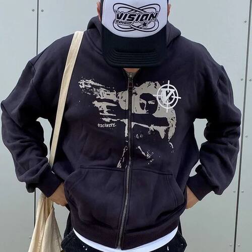 Anime Print Y2k Clothes Man Hoodie Black Long Sleeve Streetw