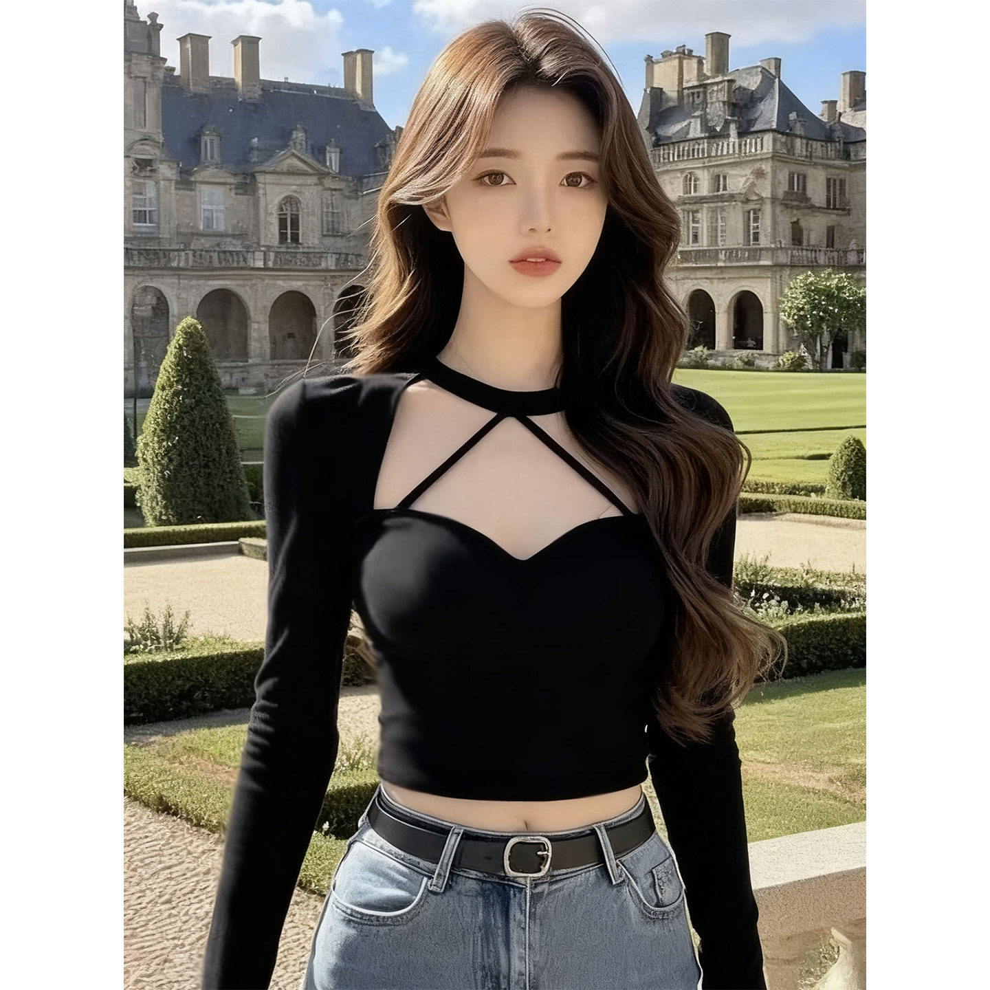 辣妹性感挂脖V领长袖T恤女秋季设计感修身内搭露锁骨纯欲短款上衣,女装/女士精品,T恤,淘宝优惠券,粉丝福利购,淘宝优惠卷