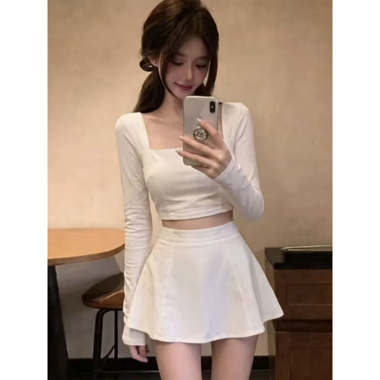 性感辣妹短款长袖上衣两件套女2026早秋新款修身显瘦A字裙子套装