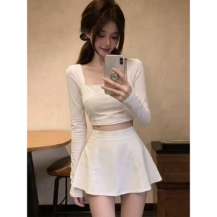 性感辣妹短款长袖上衣两件套女2026早秋新款修身显瘦A字裙子套装
