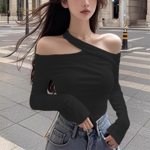 显瘦韩版 T恤女上衣小众设计感修身 百搭多色可选 露肩长袖 早春新款