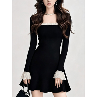 蕾丝拼接纯欲名媛御姐风修身 连衣裙女秋冬新款 短裙 小香风长袖 法式