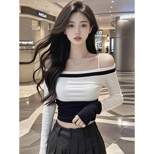 撞色修身纯欲辣妹风显瘦短款长袖上衣女设计感性感短款一字肩T恤