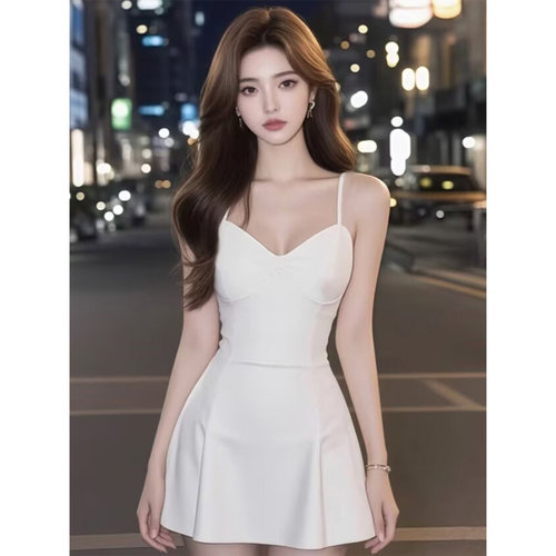 辣妹性感白色V领吊带连衣裙女
