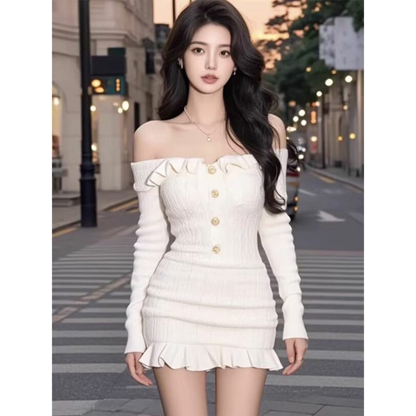 气质辣妹性感长袖连衣裙女修身显瘦高级感木耳边拼接纯欲短款裙子,女装/女士精品,连衣裙,淘宝优惠券,粉丝福利购,淘宝优惠卷