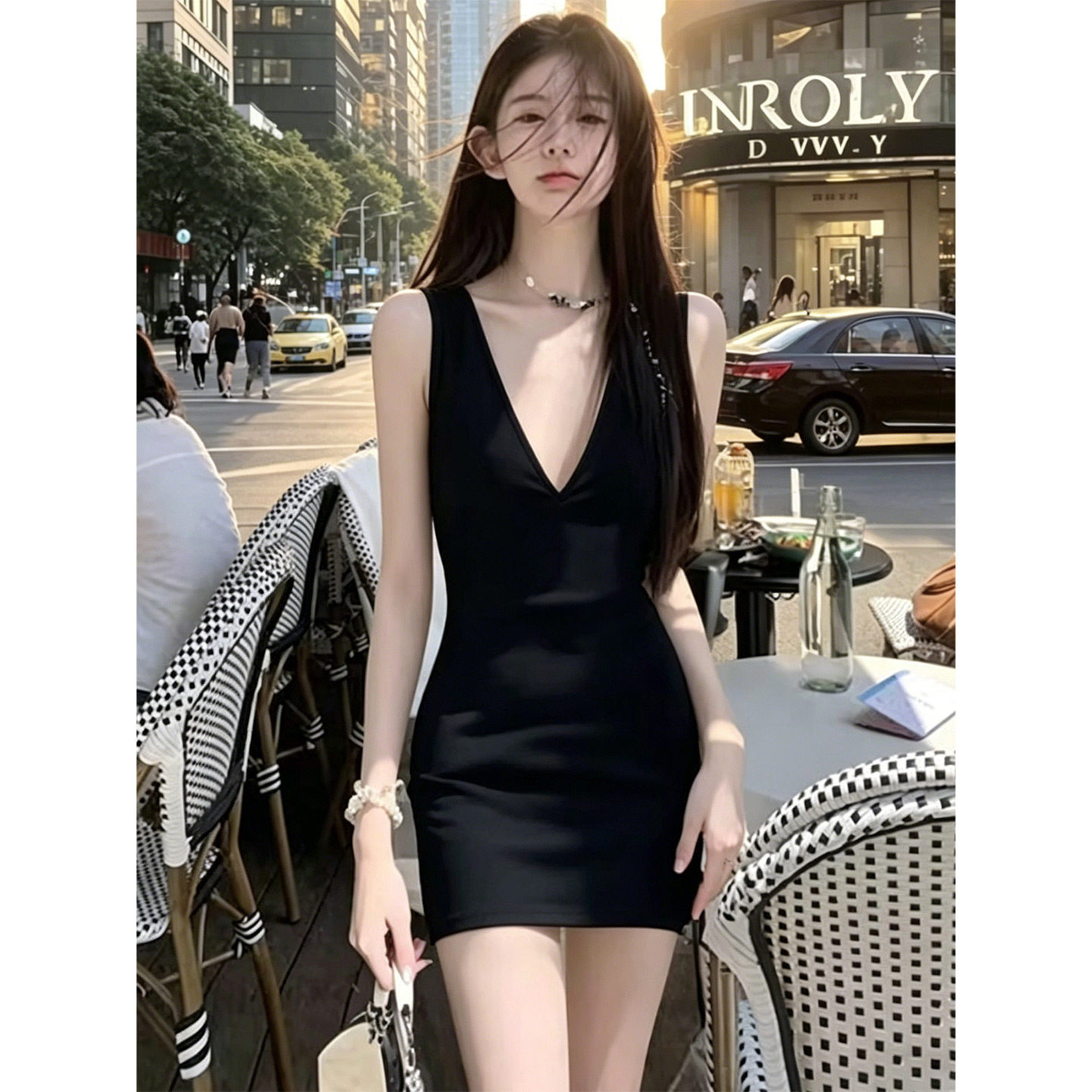 辣妹气质V领无袖露肩连衣裙图片