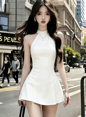 气质性感辣妹挂脖白色连衣裙女2026夏季新款修身显瘦纯欲A字裙子