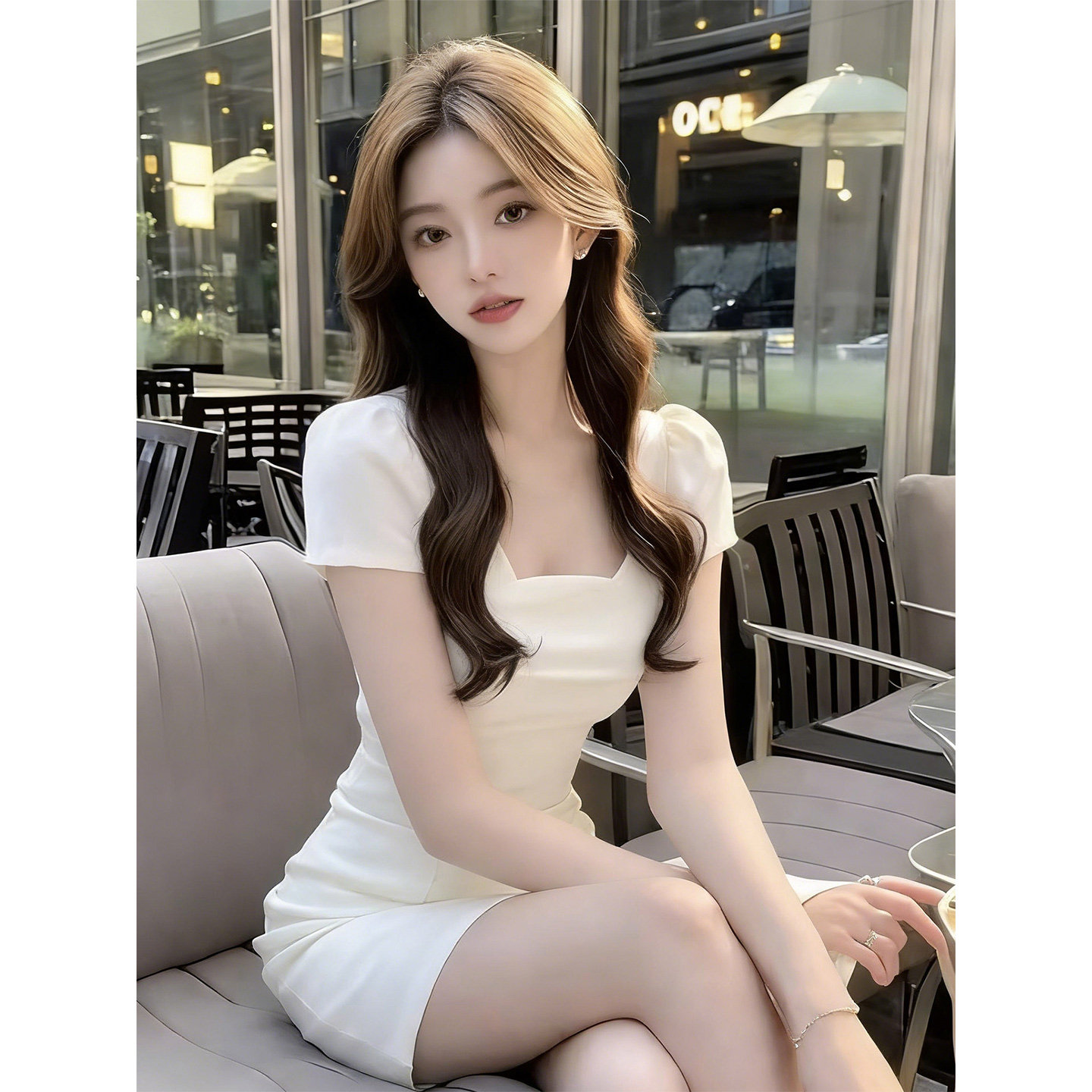 辣妹性感白色方领短袖连衣裙女夏季新款气质修身显瘦纯欲风包臀裙