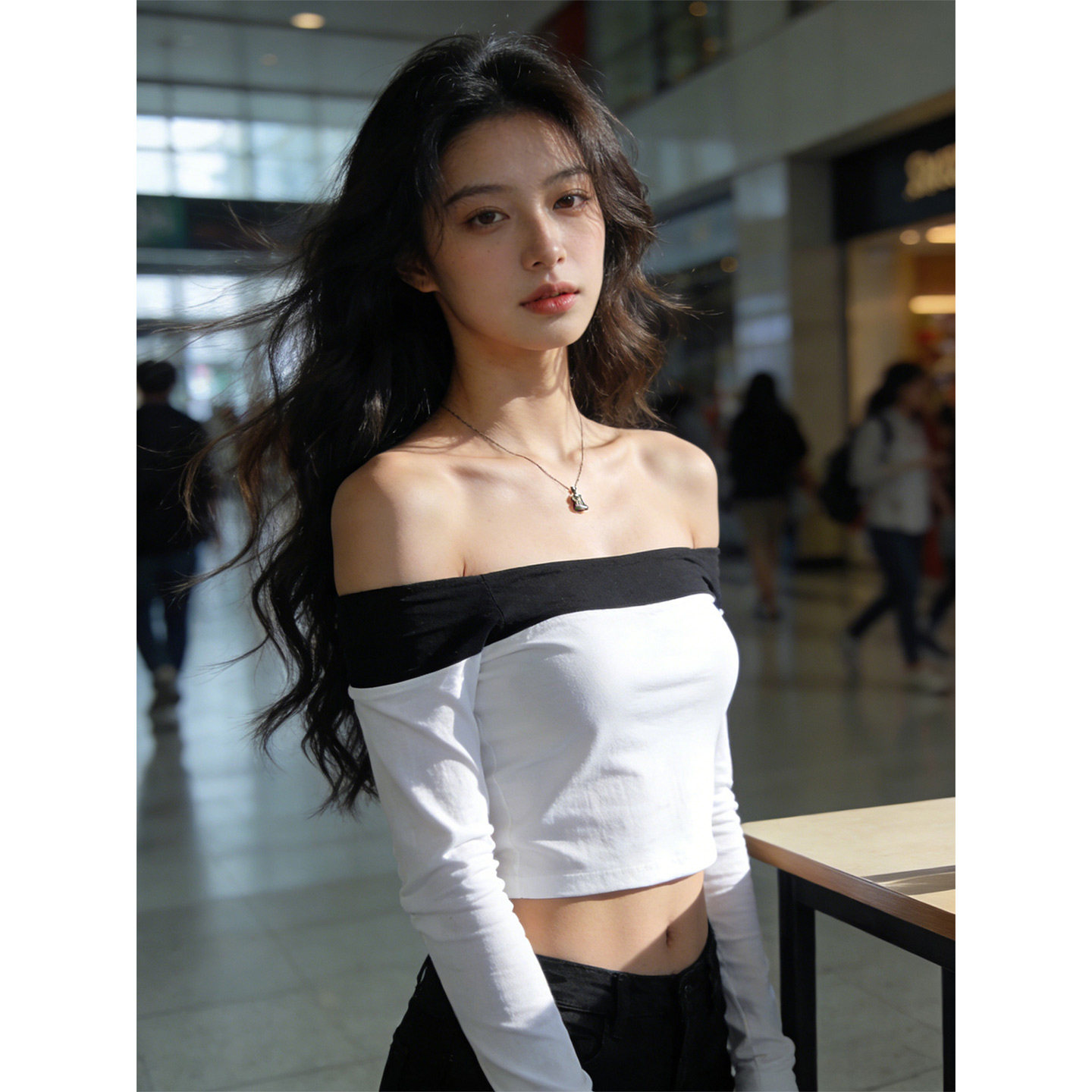 气质性感辣妹撞色一字肩长袖上衣女2026新款显瘦纯欲独特短款T恤,女装/女士精品,T恤,淘宝优惠券,粉丝福利购,淘宝优惠卷